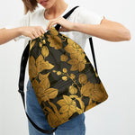 Golden Orchid Pattern Print Drawstring Backpack