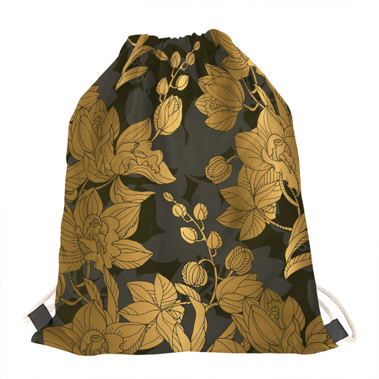 Golden Orchid Pattern Print Drawstring Bag