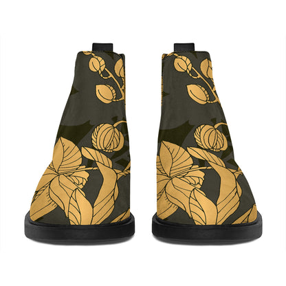 Golden Orchid Pattern Print Flat Ankle Boots