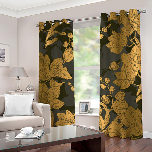Golden Orchid Pattern Print Grommet Curtains
