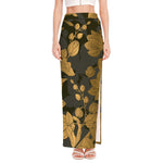 Golden Orchid Pattern Print High Slit Maxi Skirt