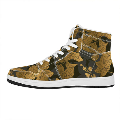Golden Orchid Pattern Print High Top Leather Sneakers
