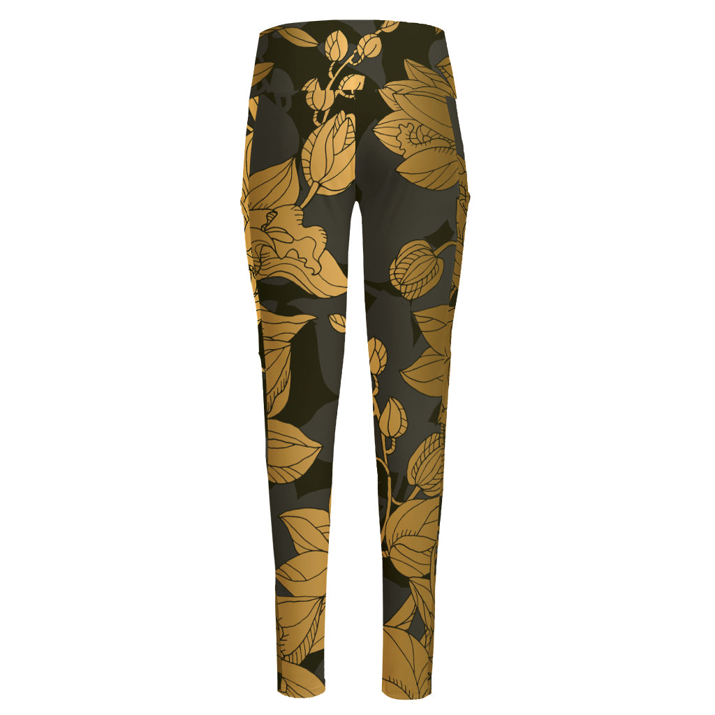 Golden Orchid Pattern Print High-Waisted Pocket Leggings