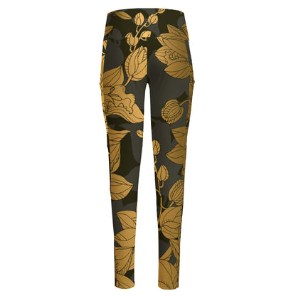 Golden Orchid Pattern Print High-Waisted Pocket Leggings