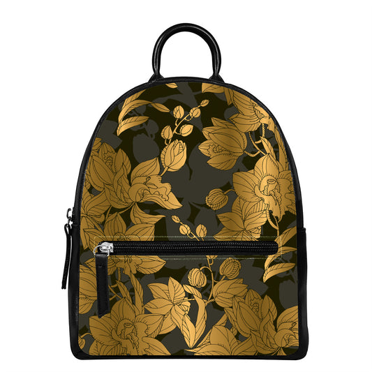 Golden Orchid Pattern Print Leather Backpack