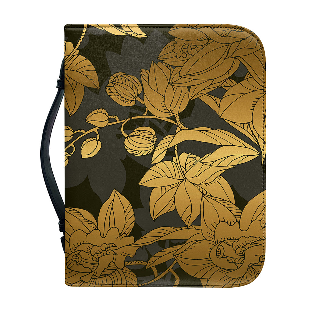 Golden Orchid Pattern Print Leather Bible Cover
