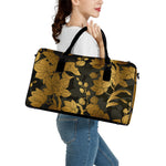 Golden Orchid Pattern Print Leather Duffle Bag