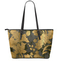 Golden Orchid Pattern Print Leather Tote Bag With Zipper