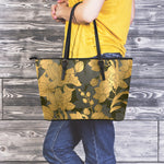 Golden Orchid Pattern Print Leather Tote Bag