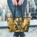 Golden Orchid Pattern Print Leather Tote Bag