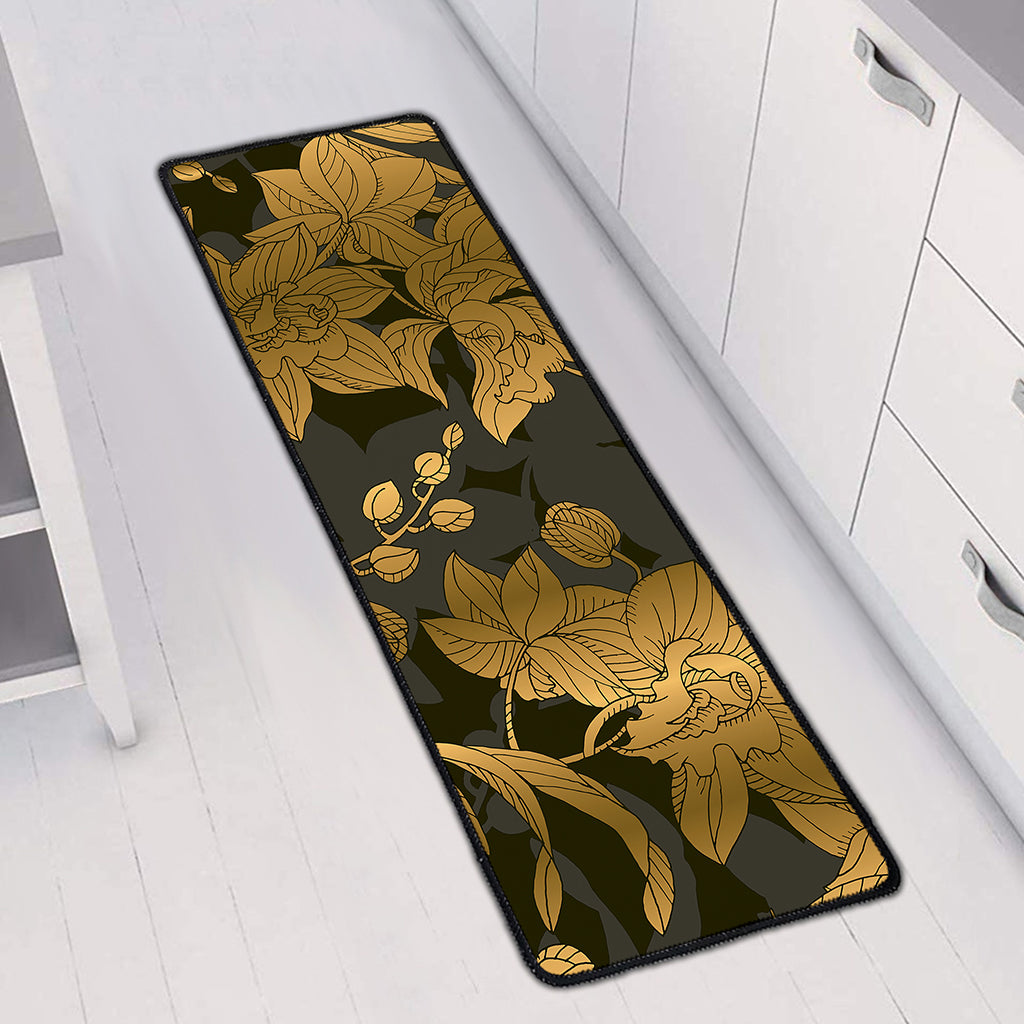 Golden Orchid Pattern Print Long Kitchen Mat