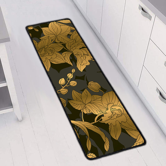 Golden Orchid Pattern Print Long Kitchen Mat
