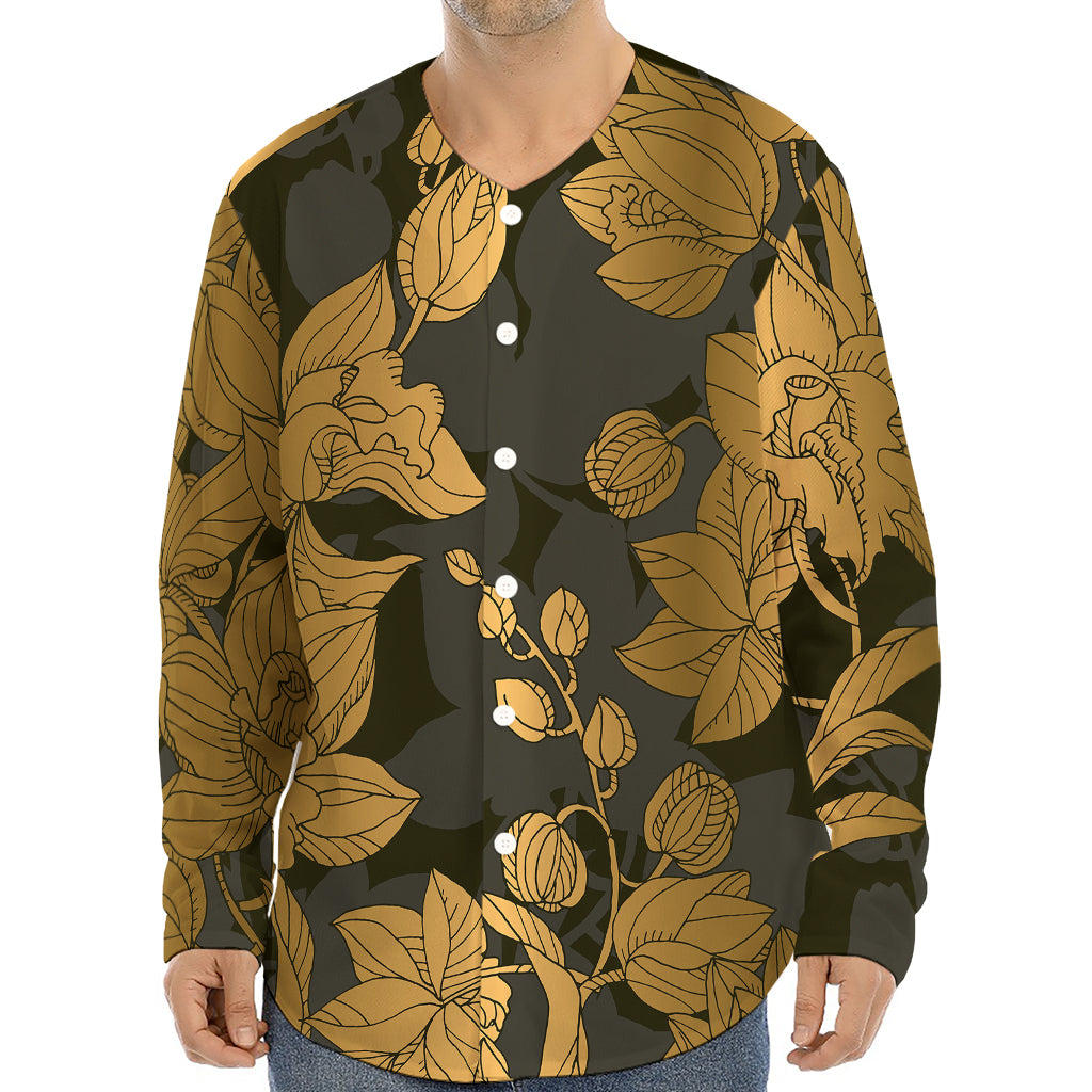 Golden Orchid Pattern Print Long Sleeve Baseball Jersey