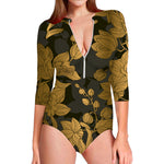 Golden Orchid Pattern Print Long Sleeve Swimsuit