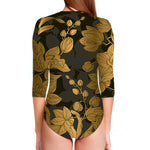Golden Orchid Pattern Print Long Sleeve Swimsuit
