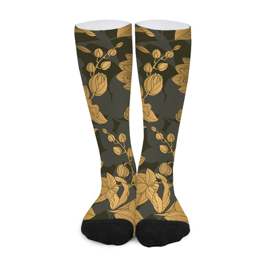Golden Orchid Pattern Print Long Socks