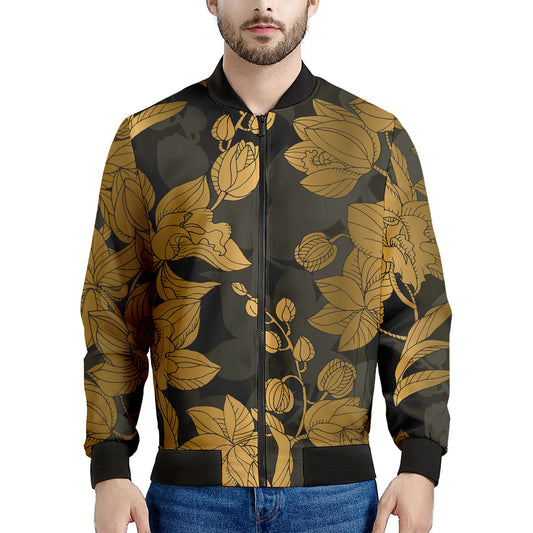 Golden Orchid Pattern Print Men's Bomber Jacket