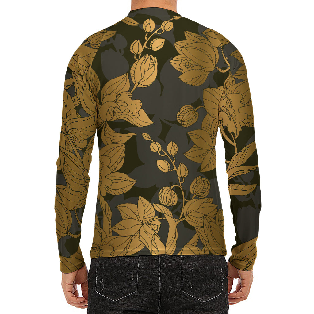 Golden Orchid Pattern Print Men's Long Sleeve Rash Guard