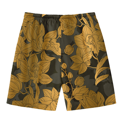 Golden Orchid Pattern Print Men's Swim Trunks