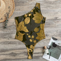 Golden Orchid Pattern Print One Shoulder Bodysuit