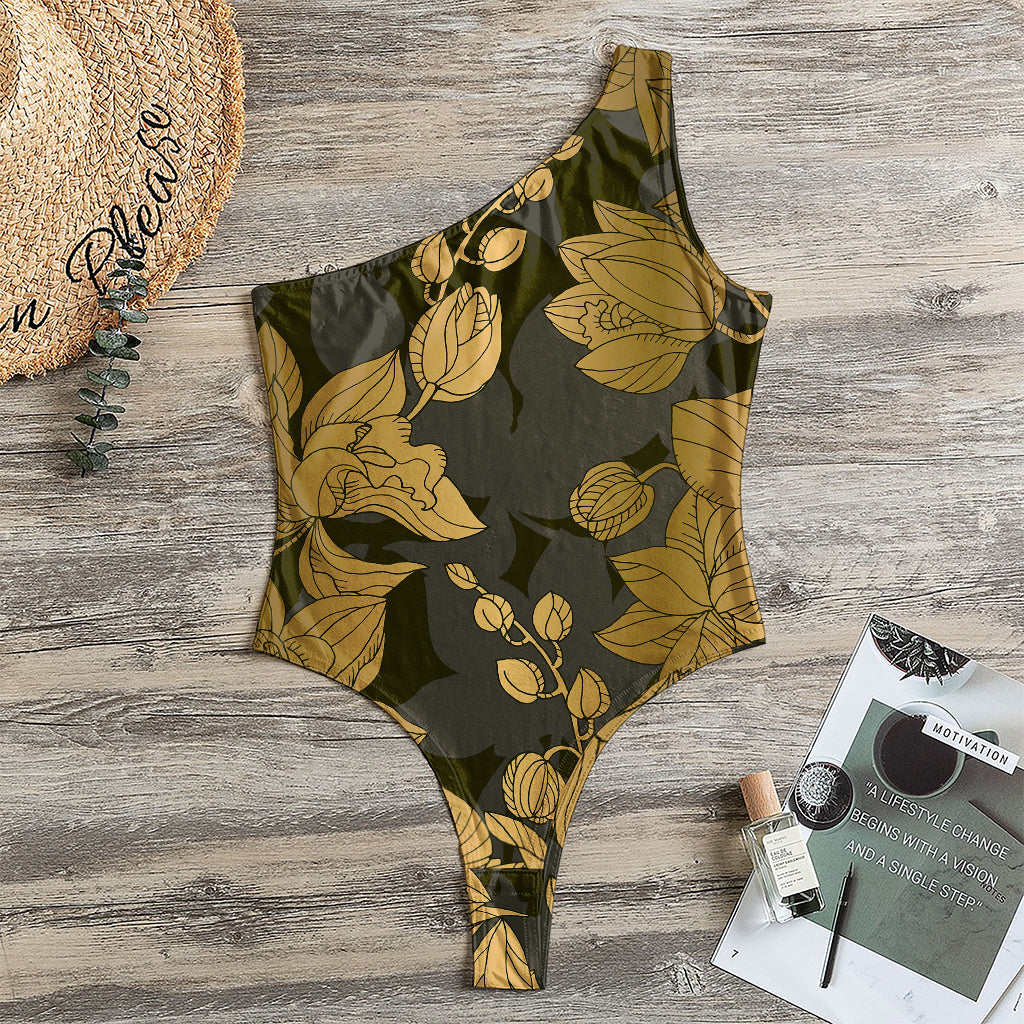 Golden Orchid Pattern Print One Shoulder Bodysuit