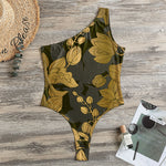 Golden Orchid Pattern Print One Shoulder Bodysuit