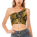 Golden Orchid Pattern Print One Shoulder Crop Top