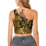 Golden Orchid Pattern Print One Shoulder Crop Top