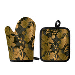 Golden Orchid Pattern Print Oven Mitt And Pot Holder Set