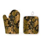 Golden Orchid Pattern Print Oven Mitt And Pot Holder Set