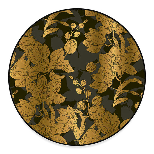 Golden Orchid Pattern Print Round Floor Mat