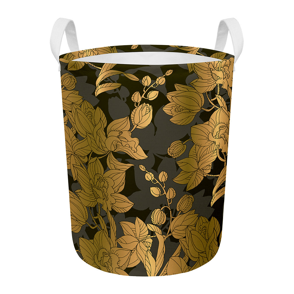 Golden Orchid Pattern Print Round Laundry Basket