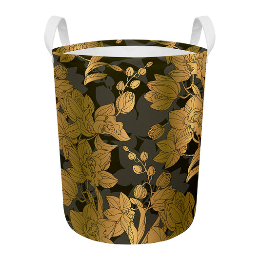 Golden Orchid Pattern Print Round Laundry Basket