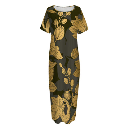 Golden Orchid Pattern Print Short Sleeve Long Nightdress