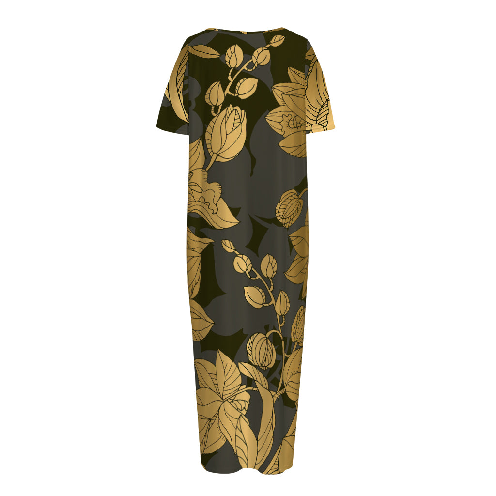 Golden Orchid Pattern Print Short Sleeve Long Nightdress