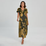Golden Orchid Pattern Print Short Sleeve Maxi Dress