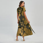 Golden Orchid Pattern Print Short Sleeve Maxi Dress