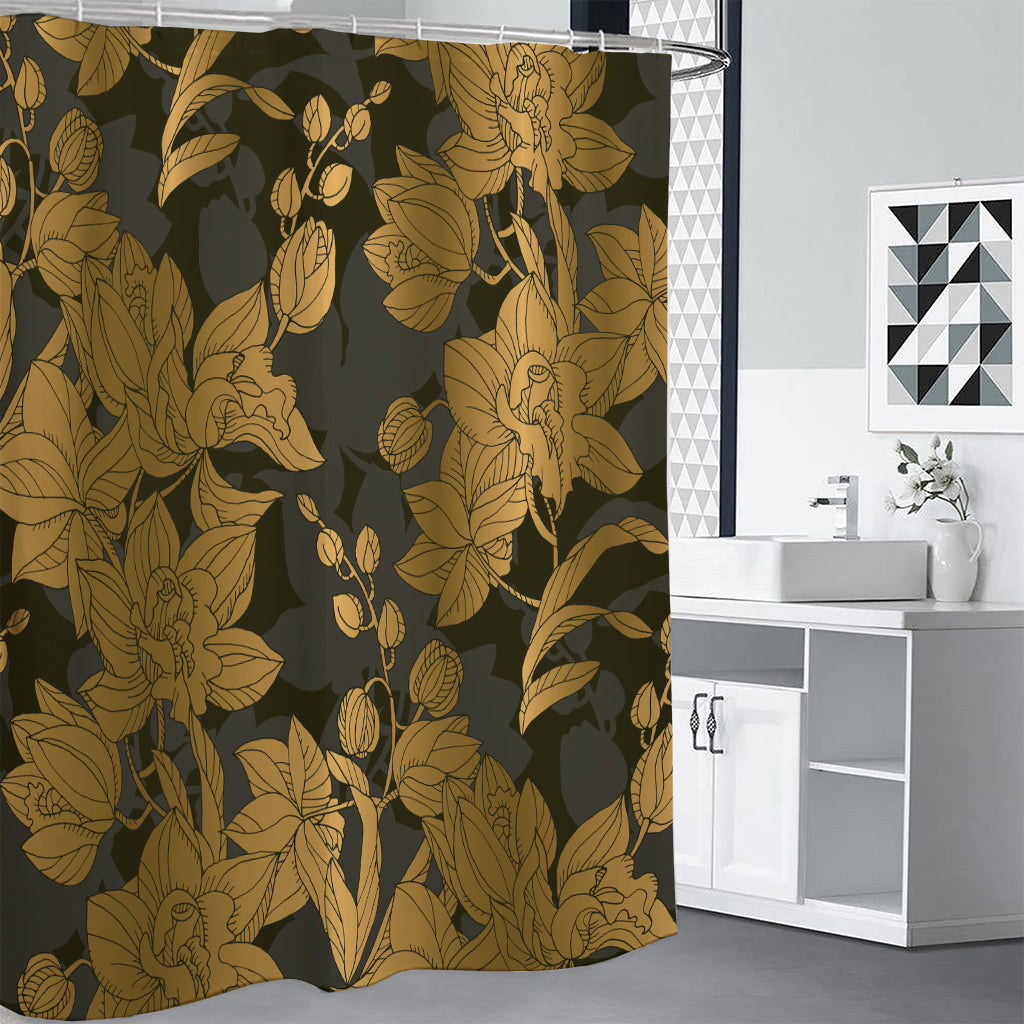 Golden Orchid Pattern Print Shower Curtain