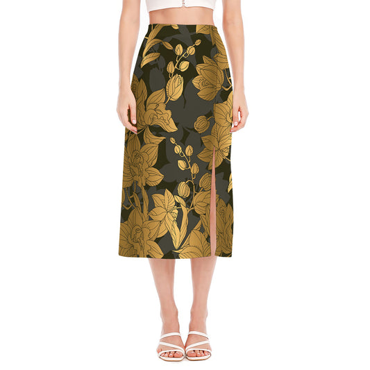 Golden Orchid Pattern Print Side Slit Midi Skirt