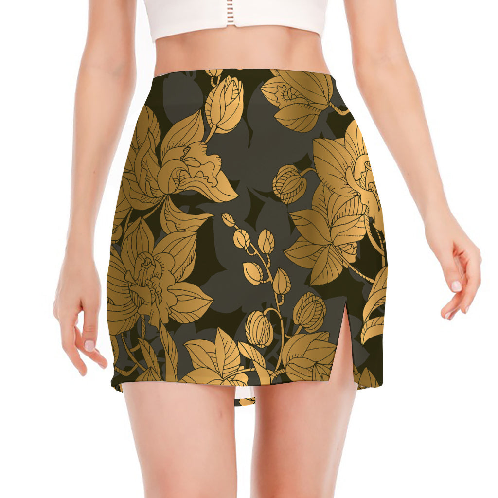 Golden Orchid Pattern Print Side Slit Mini Skirt
