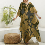 Golden Orchid Pattern Print Silk V-Neck Kaftan Dress