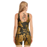 Golden Orchid Pattern Print Sleeveless One Piece Swimsuit