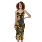Golden Orchid Pattern Print Slim Fit Midi Cami Dress