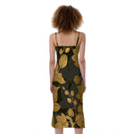 Golden Orchid Pattern Print Slim Fit Midi Cami Dress