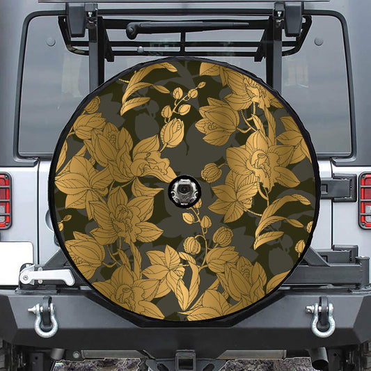 Golden Orchid Pattern Print Tire Cover With Camera Hole