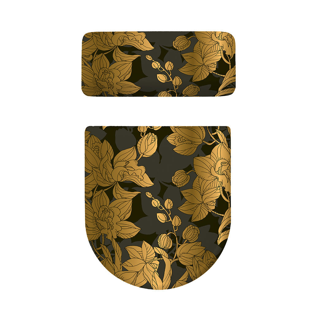 Golden Orchid Pattern Print Toilet Lid And Tank Cover Set