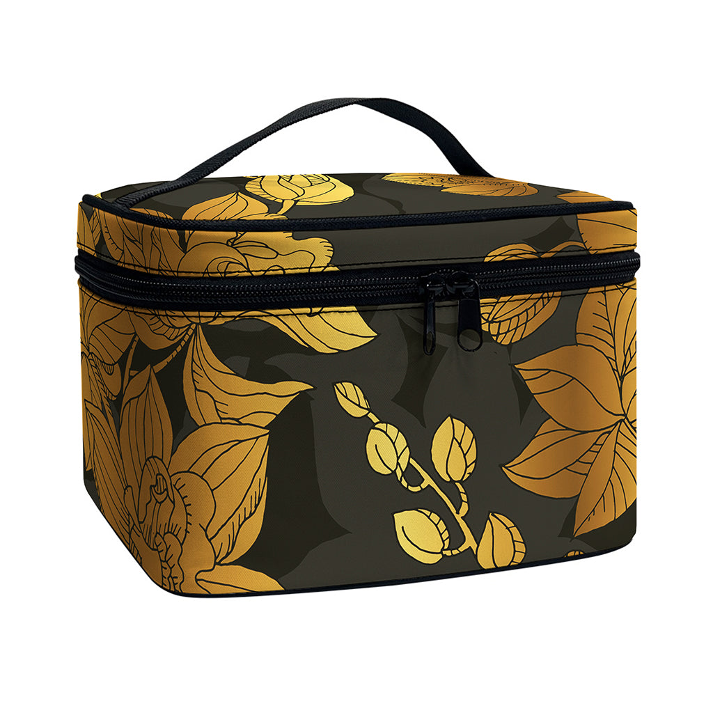Golden Orchid Pattern Print Travel Makeup Bag