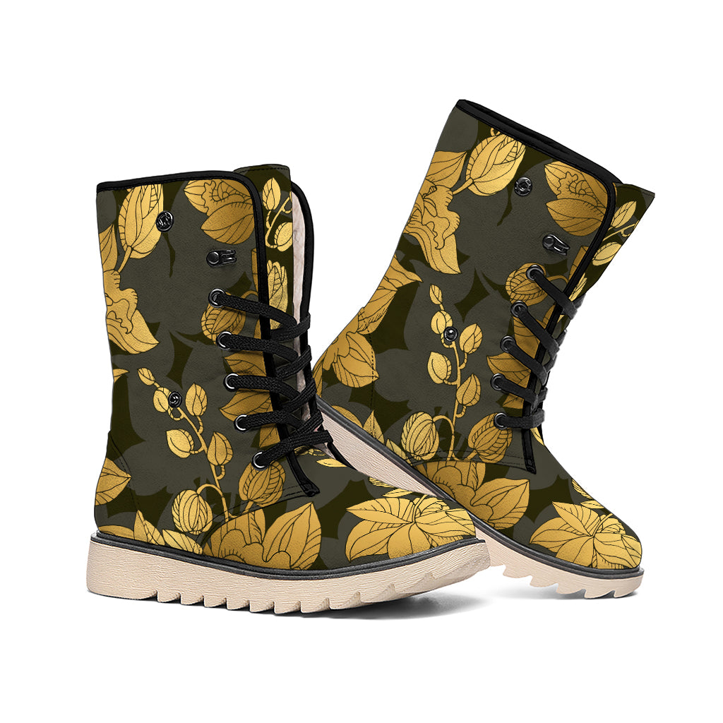 Golden Orchid Pattern Print Winter Boots