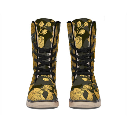 Golden Orchid Pattern Print Winter Boots