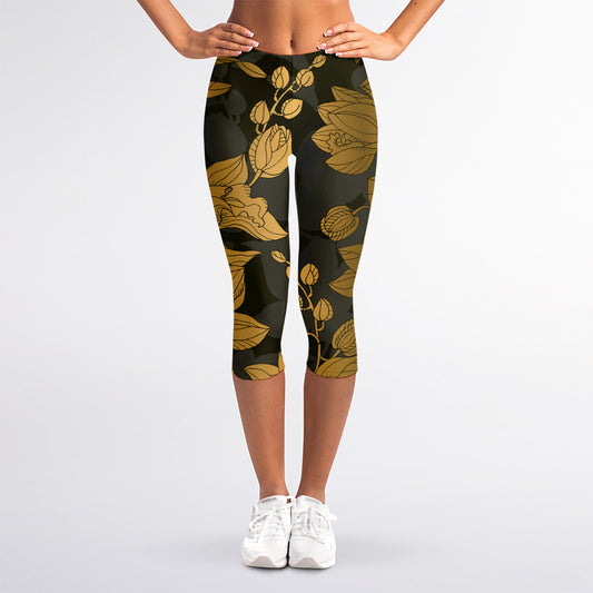 Golden Orchid Pattern Print Women's Capri Leggings